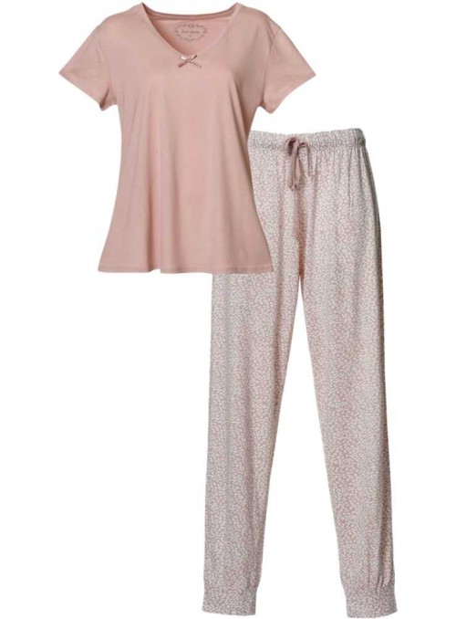 Pyjamas-sæt bambus-jersey 2 dele ensfarvet top og mønstrede bukser