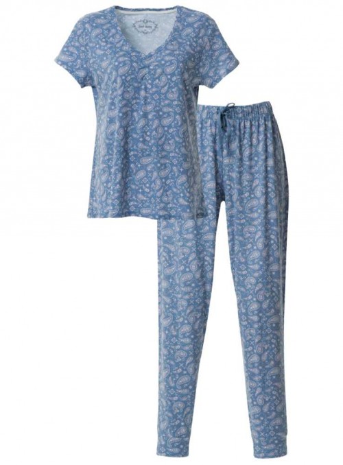 Pyjamas-sæt af bambus-jersey 2 dele mønstret top og bukser Blue Paisley